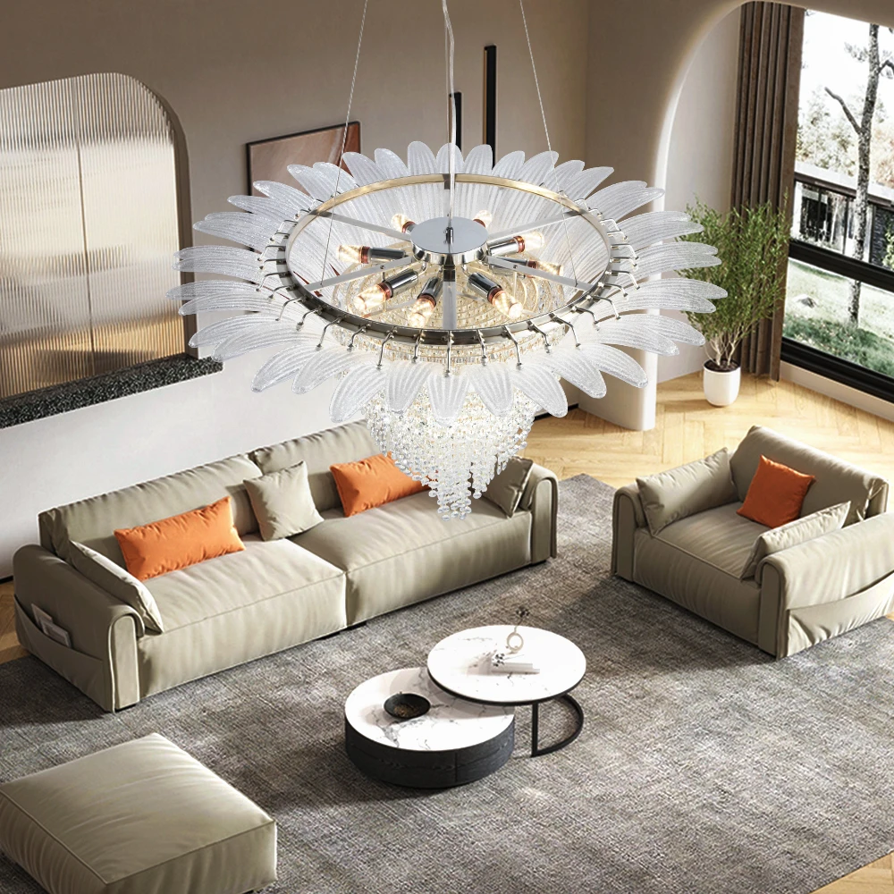 

French Designer styles Crystal Chandelier with Adjustable Height,Modern Ceiling Light Fixture for Living Room, Dining Room