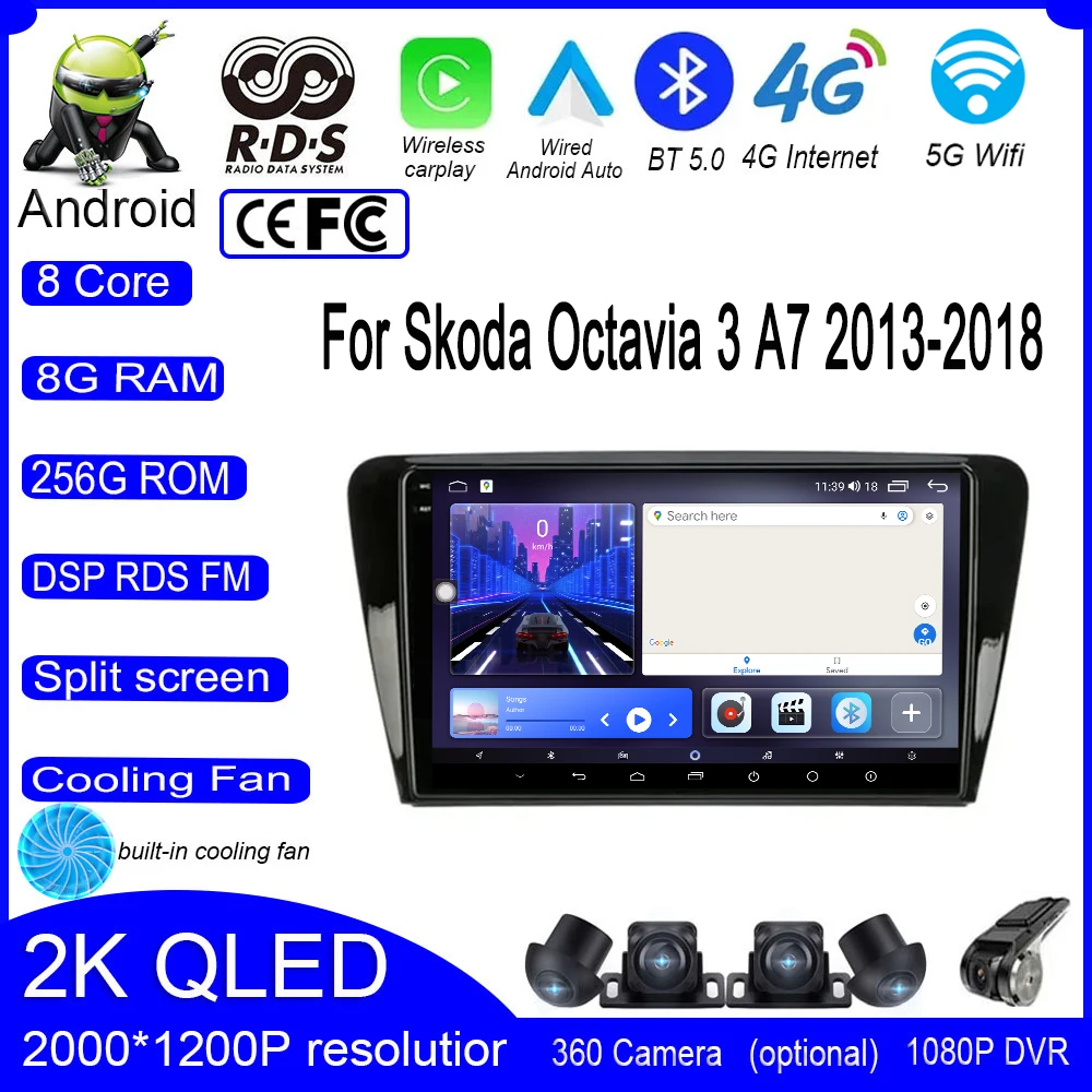 

10 Inch Android 14 For Skoda Octavia 3 A7 2013-2018 Car Multimedia Radio 4G IPS GPS QLED Navigation Auto Screen Carplay Player