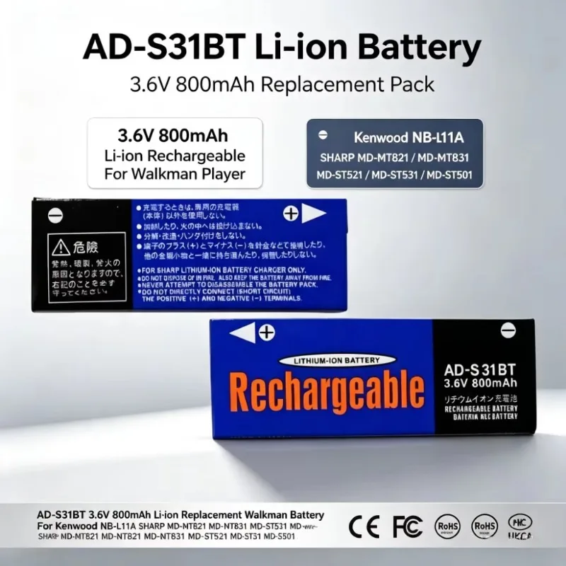 AD-S31BT 3.6V 800mAh Li-ion Replacement Walkman Battery for Kenwood NB-L11A SHA RP MD-MT821 MD-MT831 MD-ST521 MD-ST531 MD-ST501