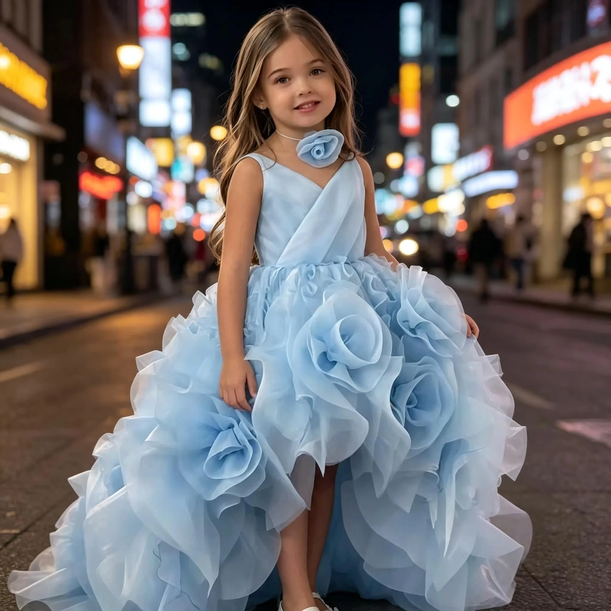 Custom Luxury Dress FlowerGirl Wedding Pageant Blue 3DRose Tulle Kids Luxe Birthday Guest Formal Evening Show Train Ball Gown