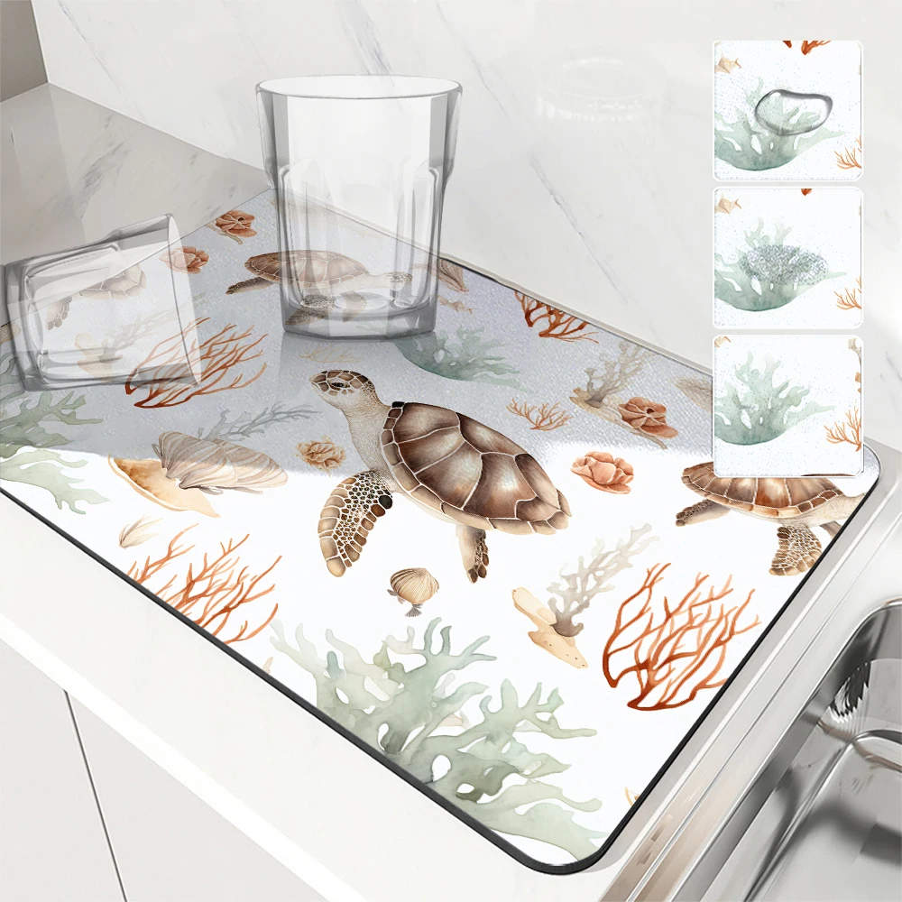 Absorbent Mat Sea turtles shell coral fish Kitchen Antiskid Drying Mat Quick Dry Bathroom Drain Pad Tableware Mat