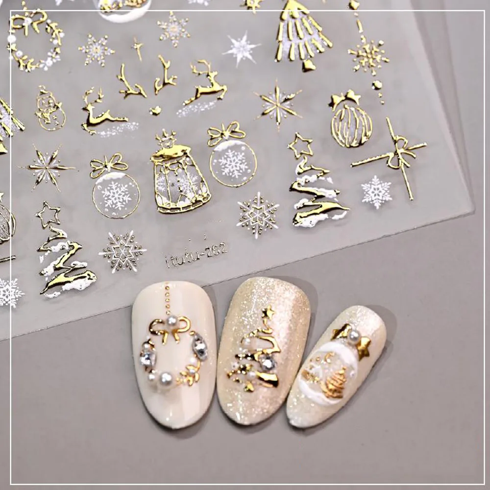 1 unidad de pegatinas de decoración de uñas con copos de nieve y corona de árbol de Navidad estampado dorado, autoadhesivas 5D, calcomanías de manicura de dibujos animados de Navidad de Papá Noel y alce
