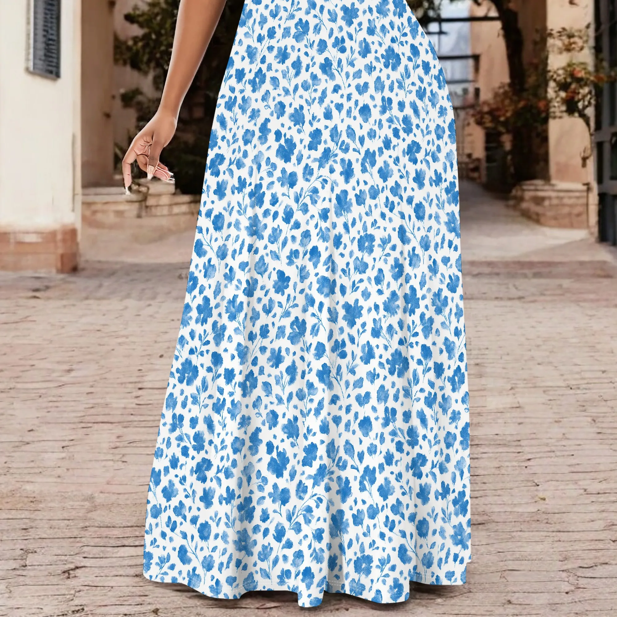 ผู้หญิง 2025 แขนสั้นคอกลมลําลองฤดูร้อน Flowy Maxi ชุดเดรสฤดูร้อน