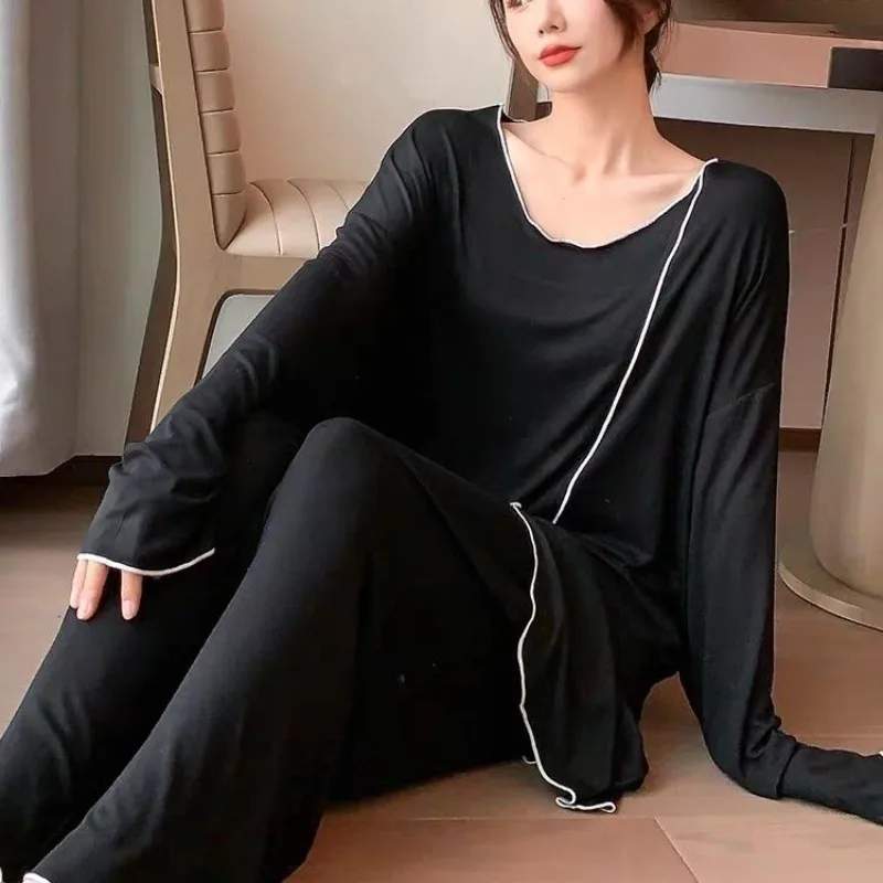 Large Size Pajamas Female Autumn Fat Mm Loose Casual Simple Black High Appearance Level Home Wear Set Slimming Loungewear Women