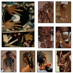 African Fashion Black Woman Gold Beautiful Jewelry Nails Posters and Prints Canvas Printing Wall Art Picture for Room Home Decor