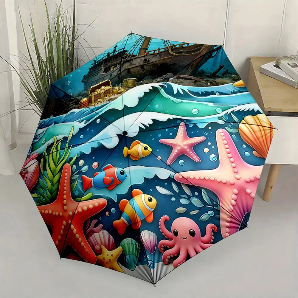 1PC Colorful Ocean Adventure on an Umbrella Print 8 Iron Ribs Folding Umbrella Auto-Open Fashion Sunshade