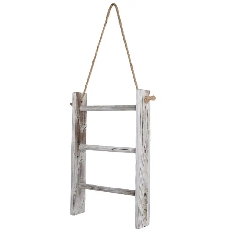 

Kitchen Appliance 3-Tier Mini Whitewashed Wood Wall-Hanging Hand Towel Storage Ladder With Rope