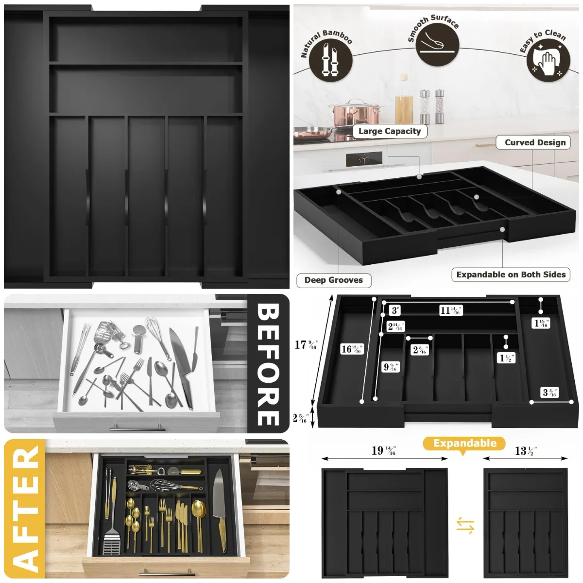 

Bamboo Utensil Organizer with Dividers - Expandable Silverware Tray, Black, 13.5'-19.5' x 17.5' x 2.5'