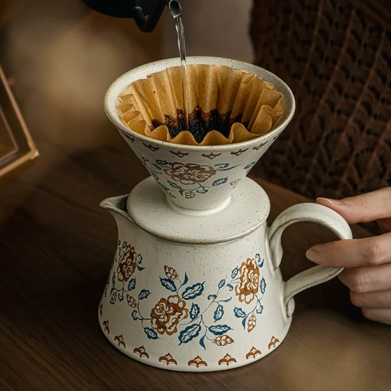 Vintage Hand Pour Over Coffee Set Ceramic Dripper Sharing Pot Heat Resistant Coffee Brewing Tool for Home Kitchen Use
