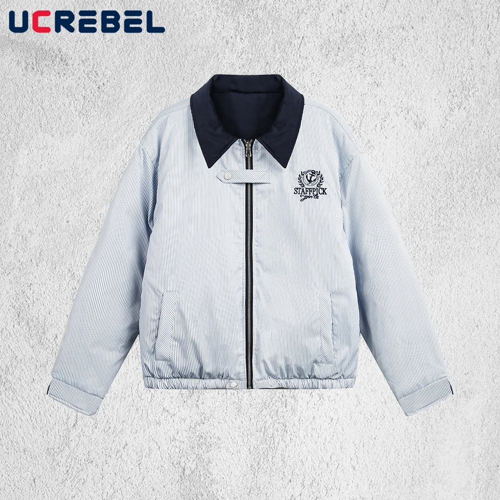 

Полосатая двусторонняя стеганая куртка, мужская зимняя уличная одежда с вышивкой букв, толстая верхняя одежда с длинными рукавами и лацканами для мужчин