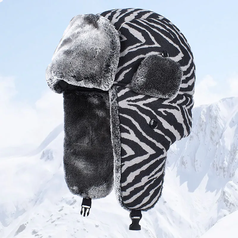 2024 Winter Hats Women Ushanka Faxu Fur Earflap Hat Men Outdoor Autumn Warm Bomber Zebra Stripe Print Russian Snow Trapper Cap