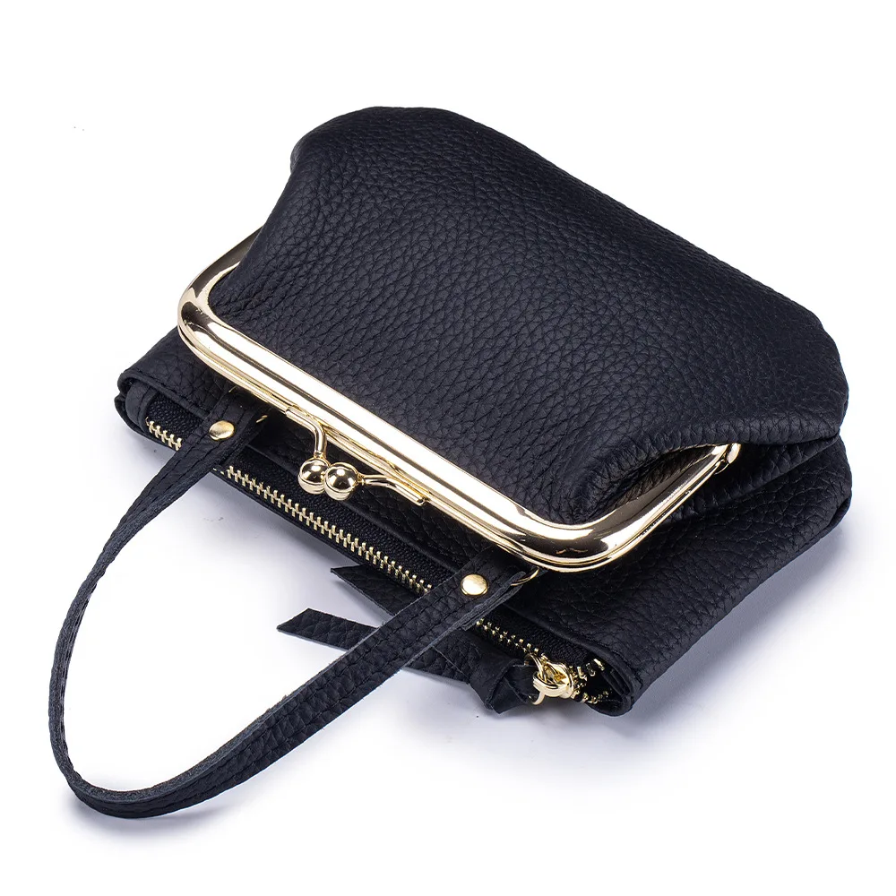 Lady Coin Bag Lychee Pattern Clasp Bag Japanese Style Genuine Leather Handheld Coin Purse Mini Double Layer Clip Coin Organizer