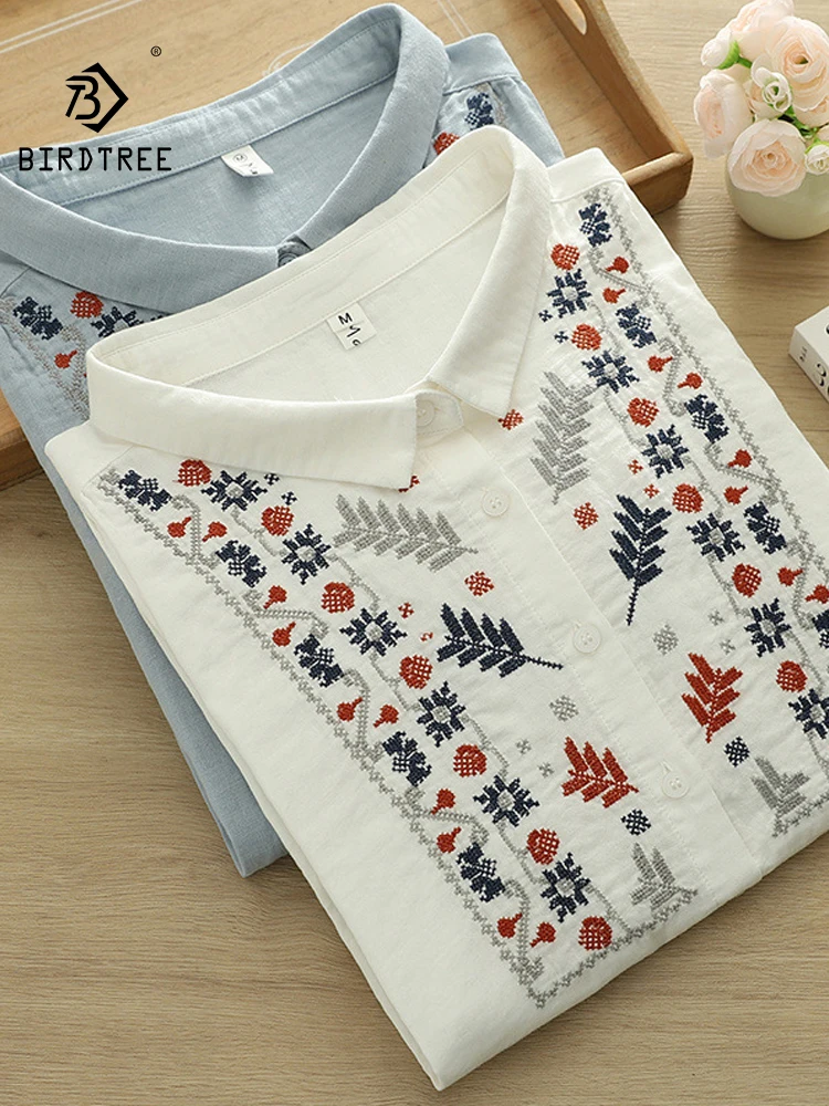 

New 2025 Summer Cotton Yarn 3/4 Sleeve Shirt, Women Turn-down Collar Embroidery, Mori Girl OL Commute Soft Loose Blouse T57318CC