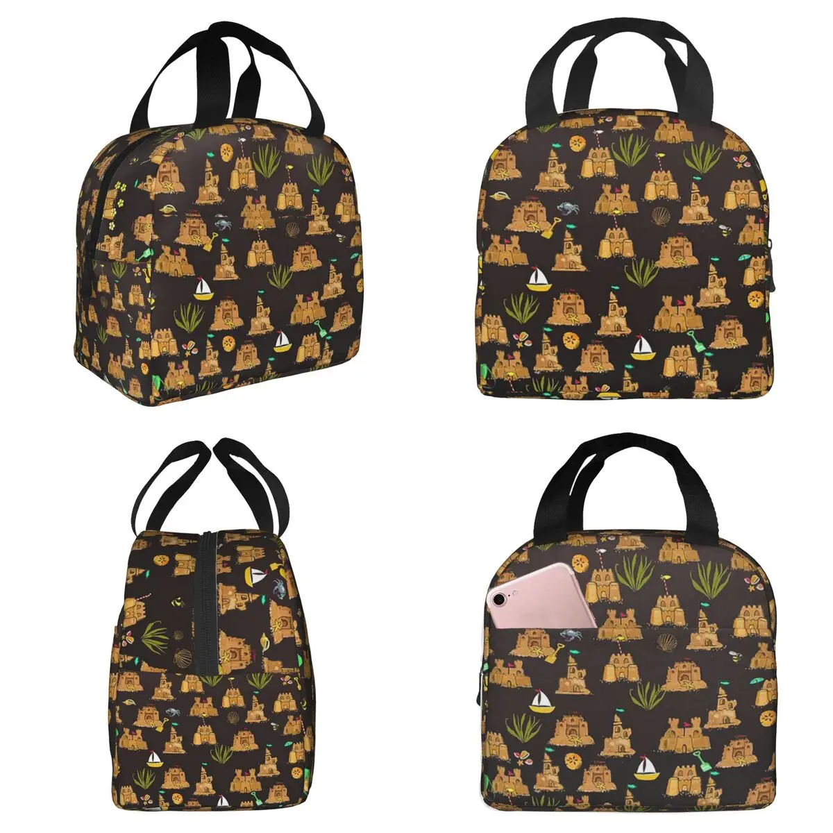Isolierte Lunchtasche mit Strand-Kokosnuss-Sandburg-Muster für Kinder, Schulkühler, Thermo-Lebensmittelbox, tragbare Lunchboxen, Behälter
