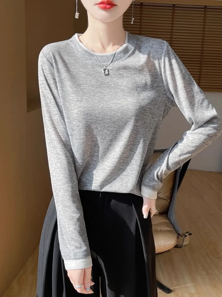 

Весна 2026: Женская трикотажная футболка с длинным рукавом, круглым вырезом, тонкая, универсальная, базовая, для повседневной носки, стандартный крой