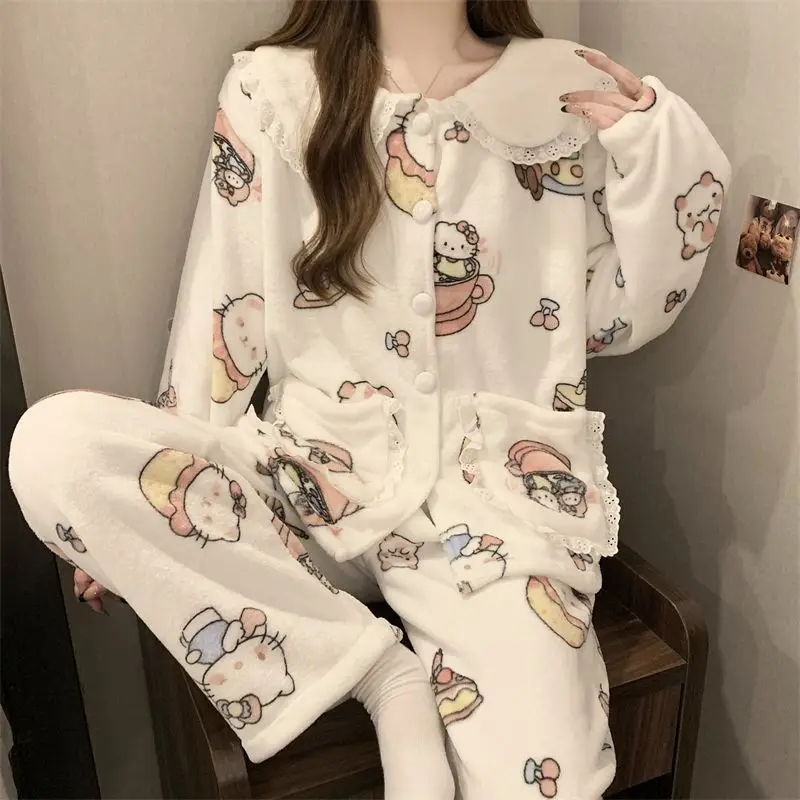Pizzo Hello Kitty Flanella invernale Colletto per bambola carino Pantaloni a maniche lunghe Ragazze più Abito caldo addensato in velluto Abiti larghi per la casa