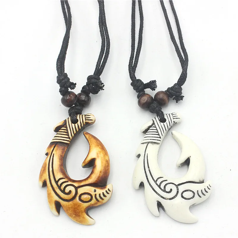 Maori Fish Hook Necklace - Resin Carved Tribal Pendant, 2 Colors Unisex Hawaiian Surfer Jewelry