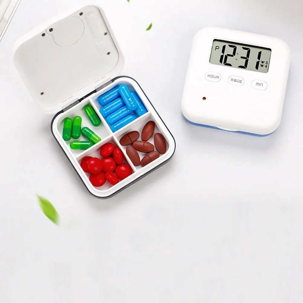 Portable Electronic Pill Organizer with Alarm Clock Timer Vibrating Reminder Mini 4 Compartment Medicine Storage Box for Daily