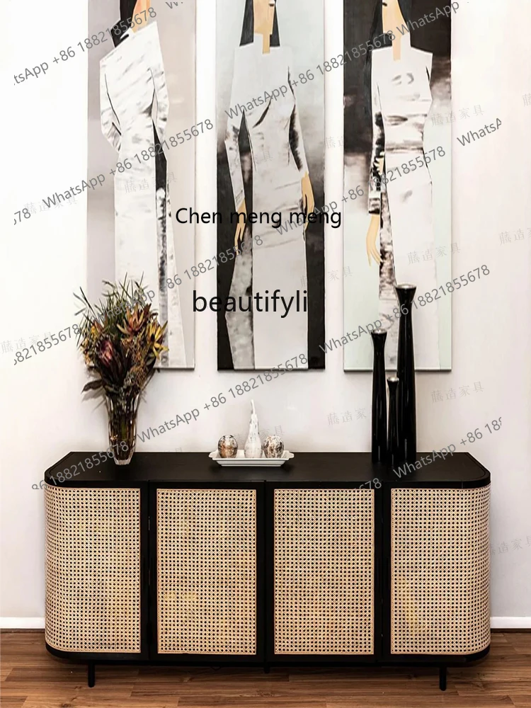 X Sideboard Cabinet Solid Wood Household Entrance Cabinet Retro Japanese Style Log Rattan Storage Tea Chest of Drawers