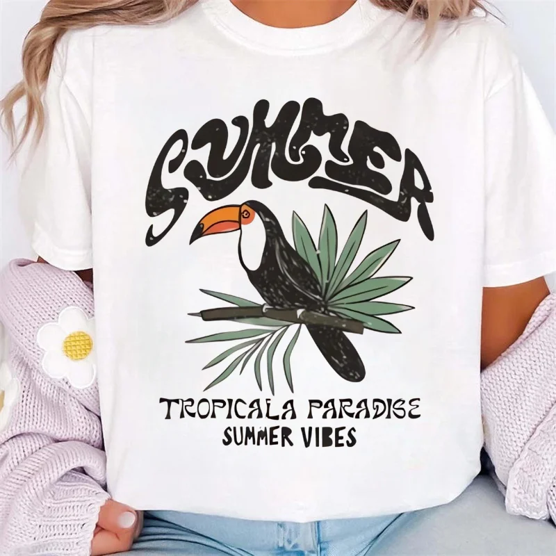 เสื้อยืดลายพิมพ์สไตล์ลำลองลายอาหารทะเล The Sweet Life แขนสั้นสำหรับใส่เที่ยวทะเล วันหยุดพักผ่อน แฟชั่นสำหรับผู้หญิง