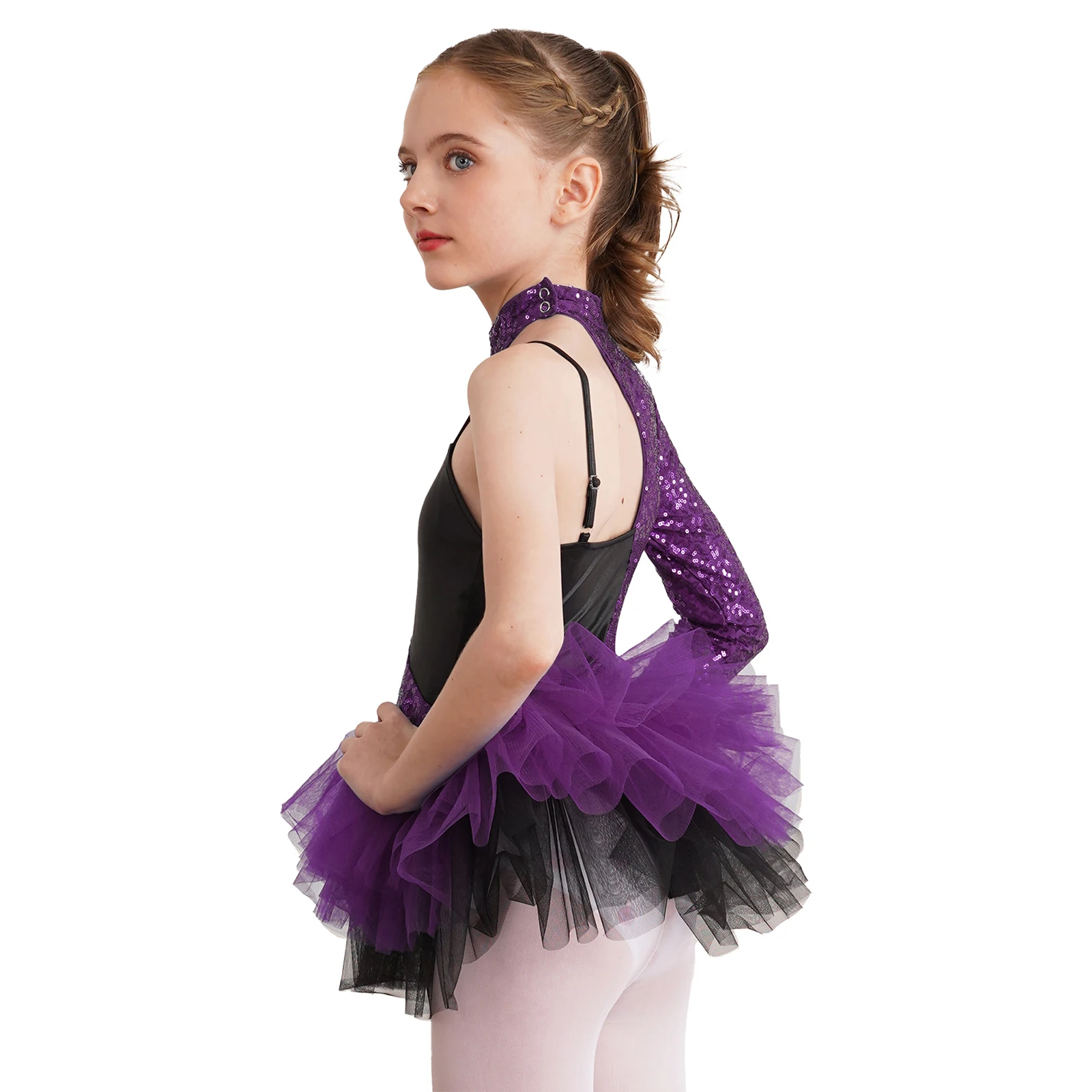 Girls Jazz Ballet Dance Costumes Shiny Sequins Gymnastics Leotard Dress Asymmetrical Sleeves Tulle Skirt Stage Tutu Dancewear