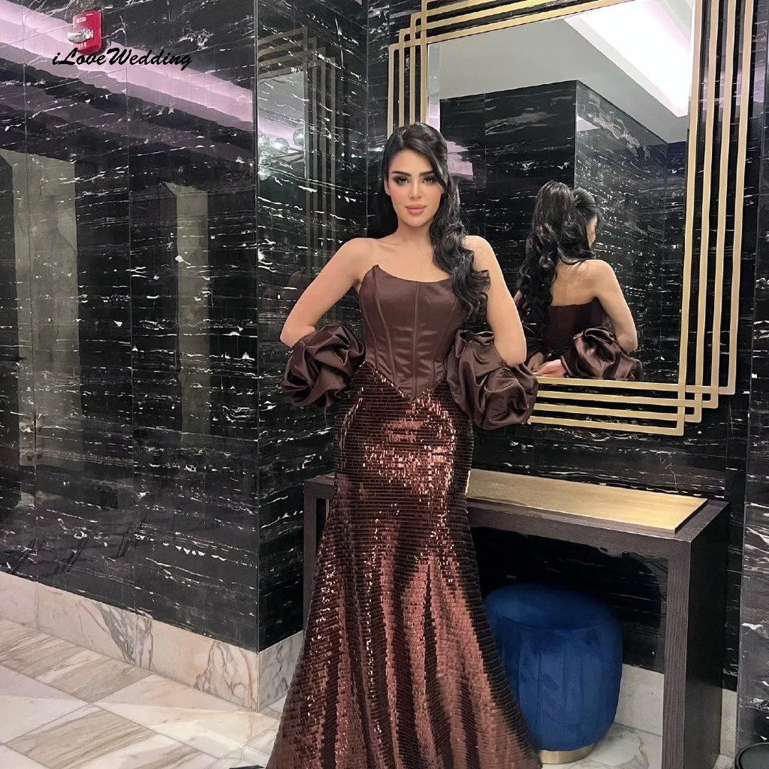 Chocolate Brown Strapless Prom Dresses 2025 Sequin Elegant Women Party Dress Boat Neck Mermaid Evening Dresses Gala Customized