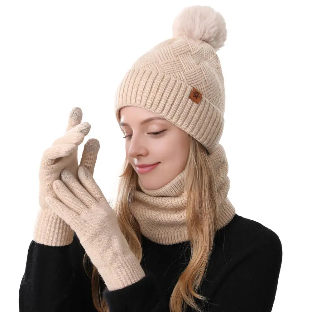Thermal Knit Hat Scarf Gloves 3pcs Women Winter Hat Scarf Gloves Set with Plush Ball Double-layer Protection Scarf Touchscreen