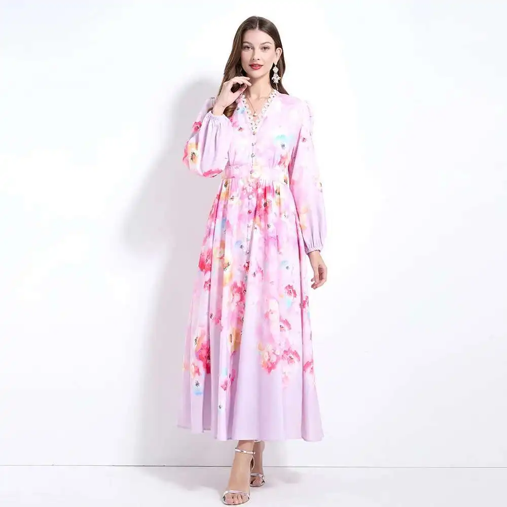 ดอกไม้ชุดยาวผู้หญิงฤดูร้อน 2025 ฤดูใบไม้ผลิเดี่ยวลูกไม้ V คอสายจีบโคมไฟแขนยาวชุด Maxi เสื้อ