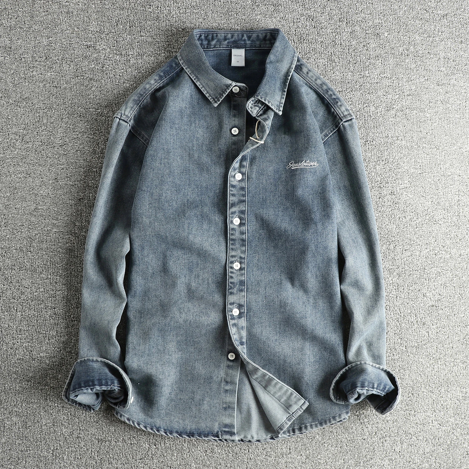 

Heavy gray-blue old retro trendy denim shirt for men's autumn new versatile youth loose shirt