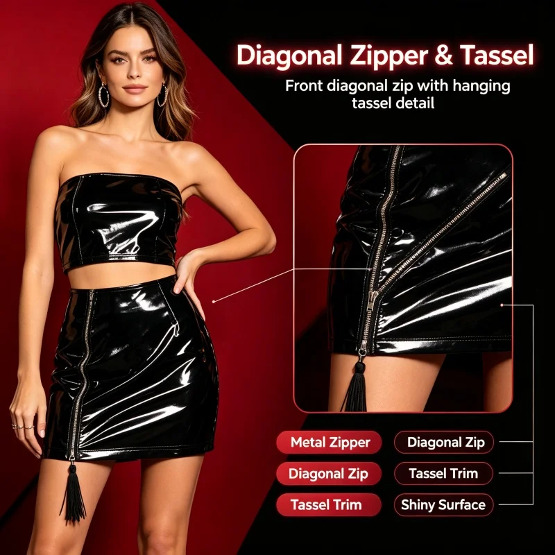 Women PVC Wet Look Sexy Pencil Mini Skirt Vinyl Latex Zipper Gothic Nightclub Club Pole Dance Skirt