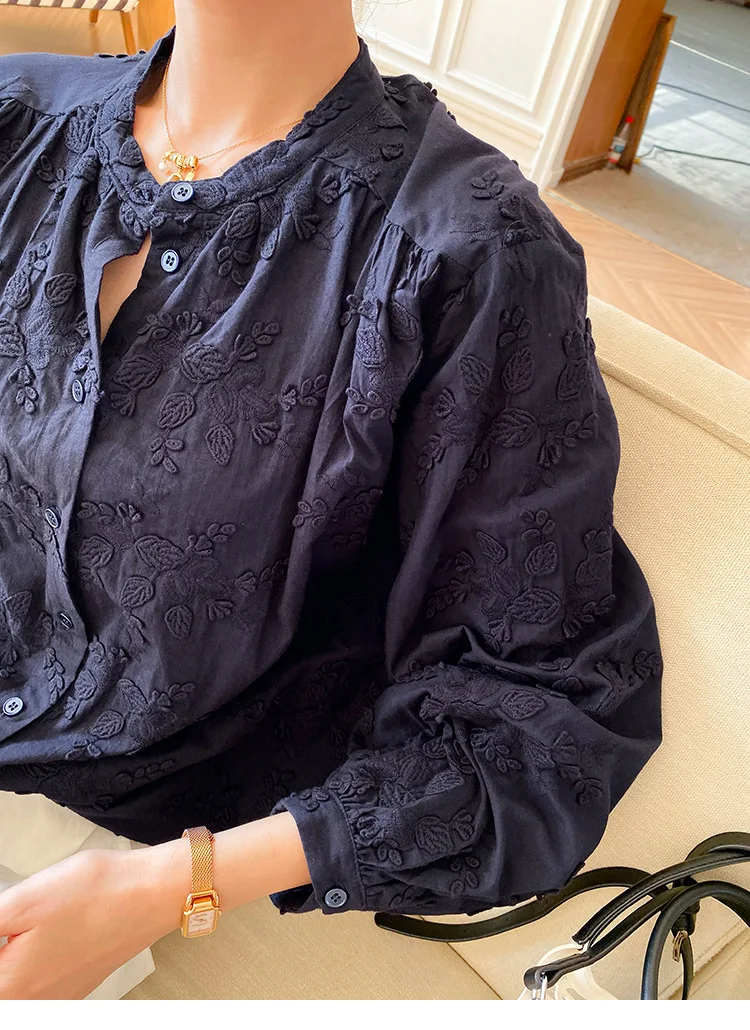 GypsyLady Vintage Floral Embroidery Blouse Shirts Navy Blue Loose Long Sleeves O-neck Bohemian Vocation Casual Ladies Women Tops