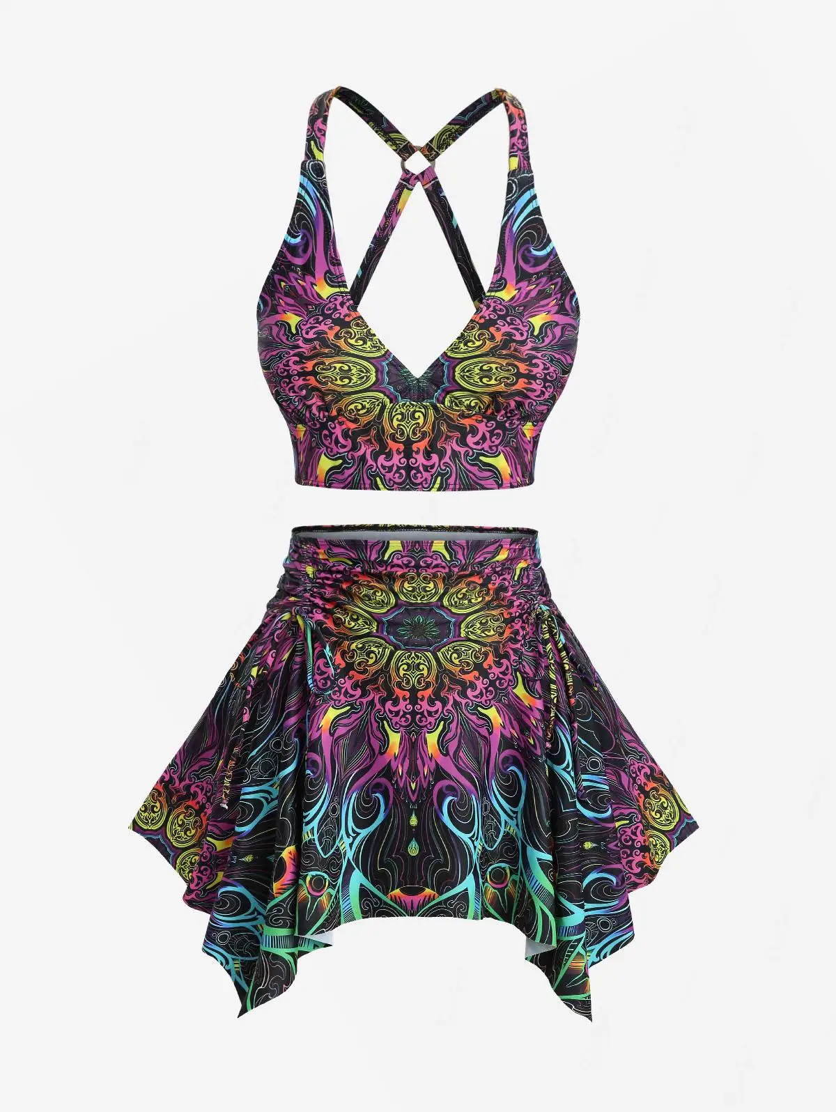 

ROSEGAL плюс размер танкини купальник из двух частей с цветочным ретро-узором и принтом крест-накрест на бретельках с рюшами и юбкой купальный костюм