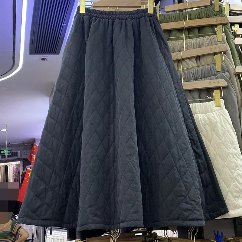 Classical Solid Color Women's Skirts Diamond Grid Cotton Padded Autumn Winter Skirt Elastic Waist A-line Thick Warm Skirts