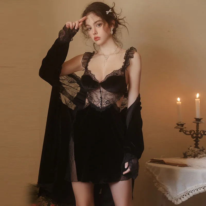 

Autumn Winter Lace Velour Robe Set Women Sling Two Piece Set Kimono Sleep Suit Velvet Patchwork Lace Nightgown Home Dress