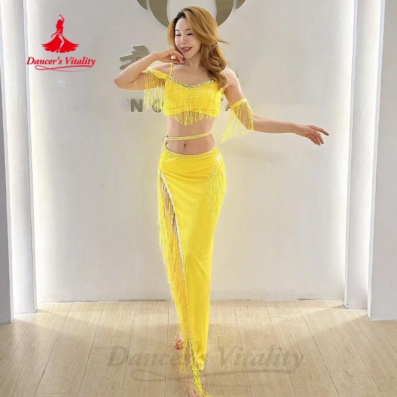 Tenue de danse du ventre pour femmes, haut de luxe personnalisé avec strass + jupe longue Sexy, 2 pièces, vêtements de pratique professionnelle pour adultes et enfants