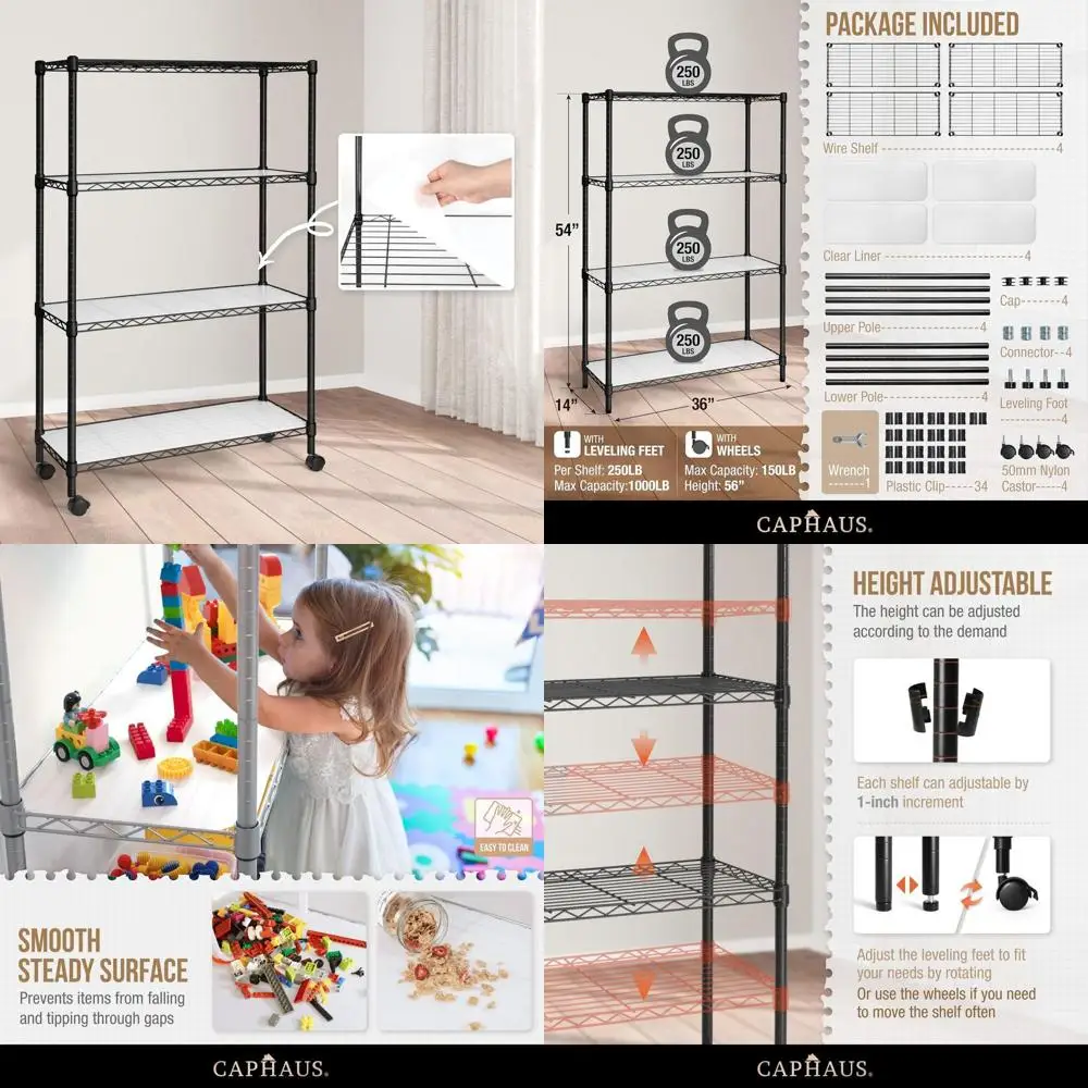 

4-Tier Adjustable Metal Wire Shelving Unit with Liners, Kitchen & Garage Storage Organizer, Utility Shelf on Wheels, Black