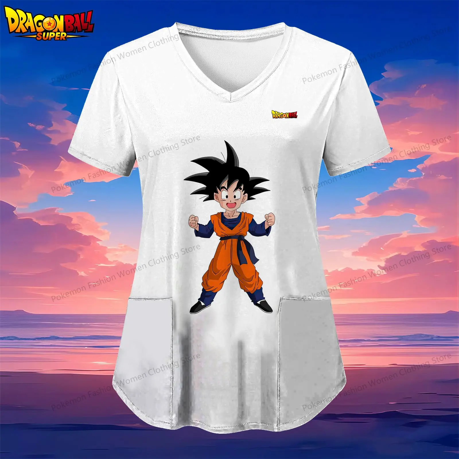 Kakarotto Pocket Women's V Neck Nurse Uniform T-Shirt Dragon Ball Summer Clothes 2024 Anime Street Wear S-2XL Odzież damska Y2k