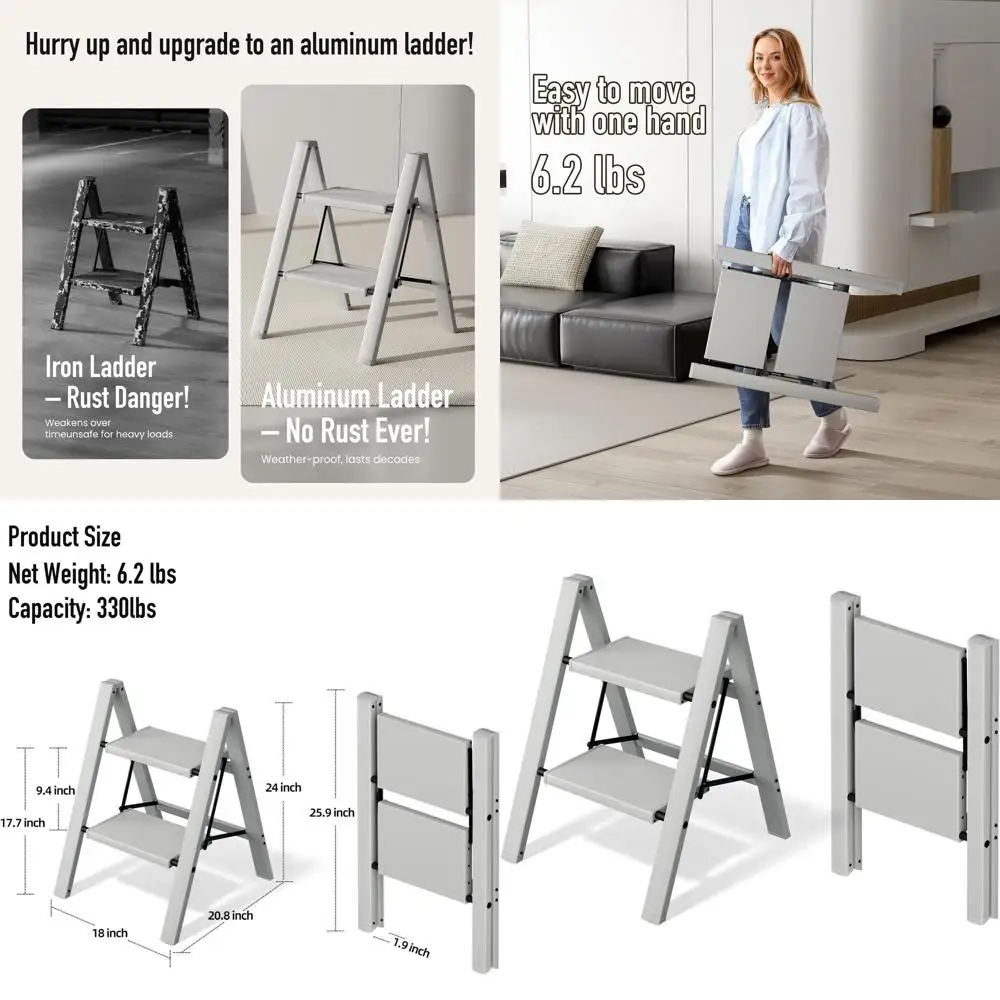 

2 Step Ladder,Aluminum Folding Step Stool for Adults,Step Ladder with Wide Anti-Slip Pedal,330 lbs Capacity for Home,Office,Kitc