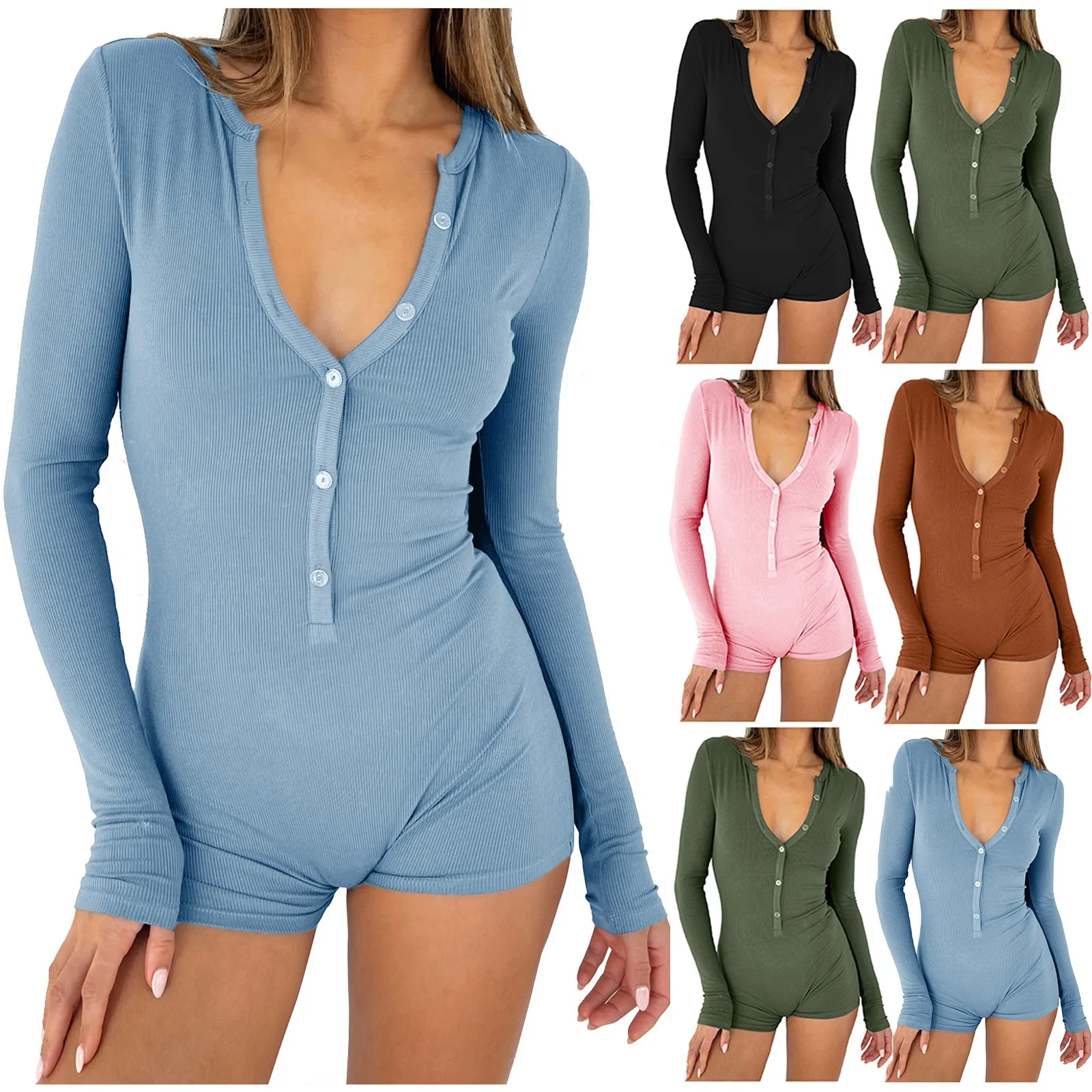 Women'S Slim Fit Shorts Jumpsuits Causal Sports Yoga Fitness Long Sleeve Solid Jumpsuits Sexy V-Neck Button Street Style Rompers