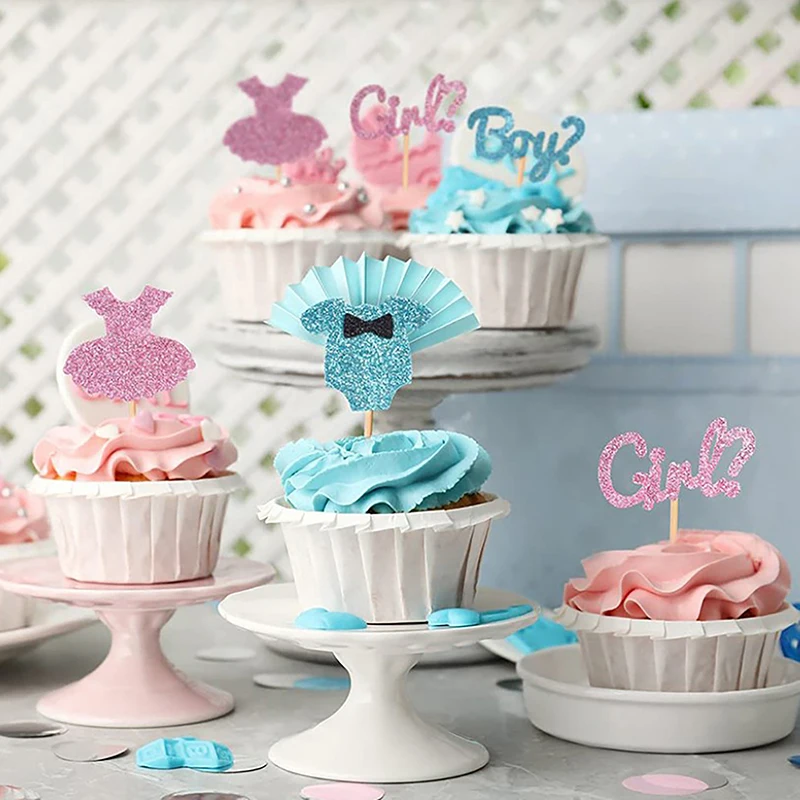 Boy Or Girl Cupcake Toppers Glitter Onesie Jumpsuit Baby Shower Kids Birthday Gender Reveal Party Cake Decorations Supplies