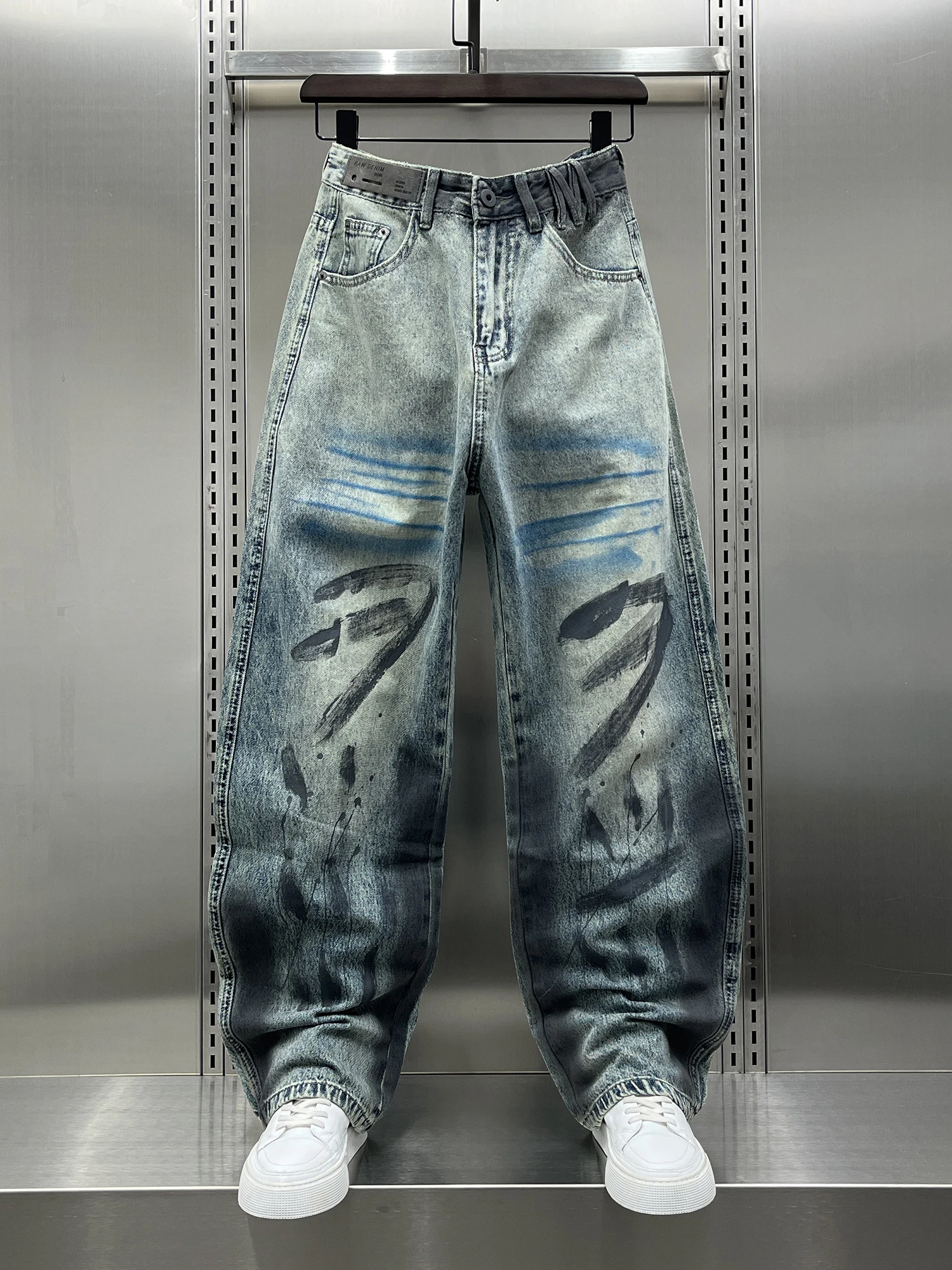 

Retro American Graffiti Wide Leg Men's Jeans Loose Straight Washed Long Trousers Trendy Street Style Cool Pants Spring