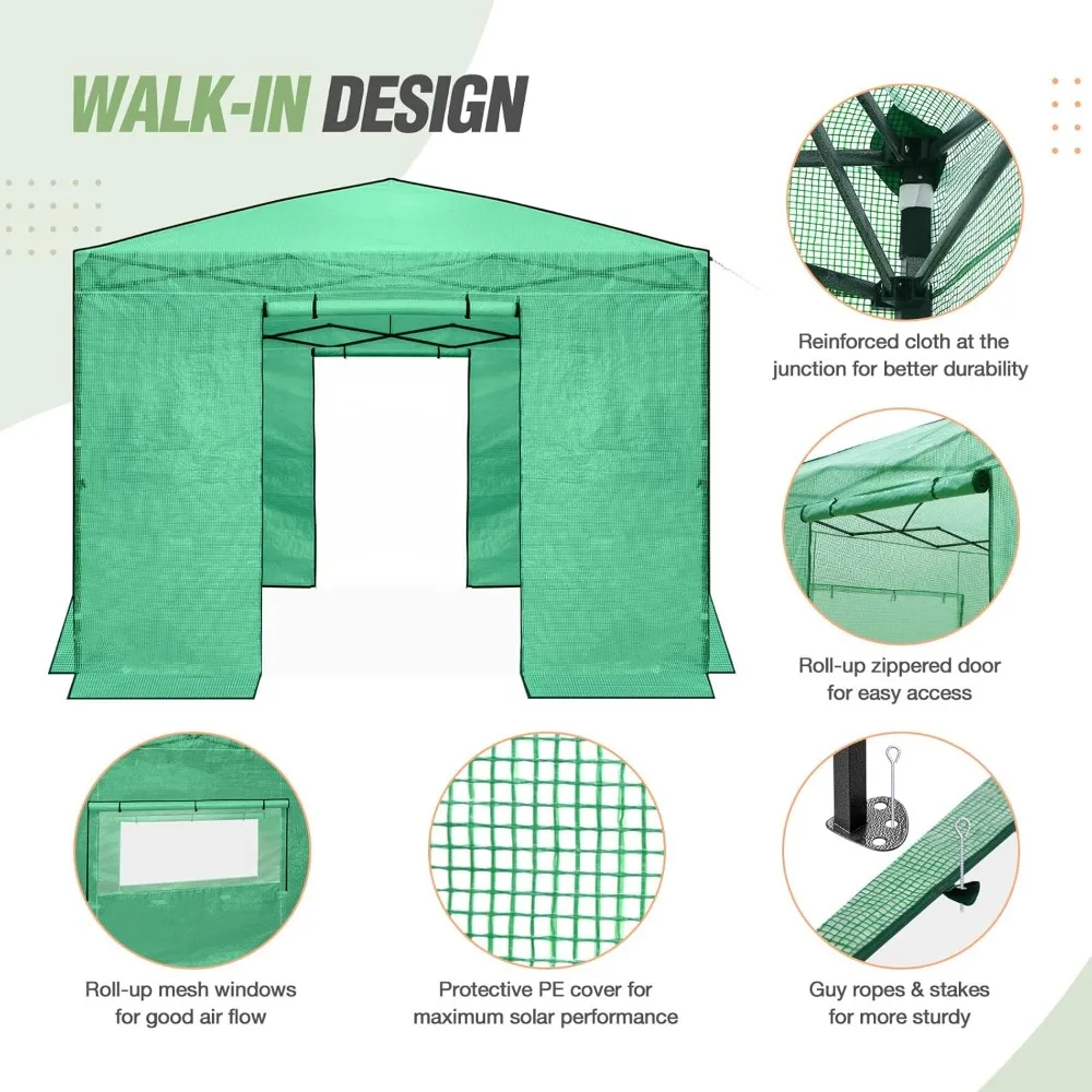 10x10 Portable Walk-in Greenhouse, Pop-up Indoor Outdoor Garden Green House, Zippered Doors and Windows, PE Cover, Gr