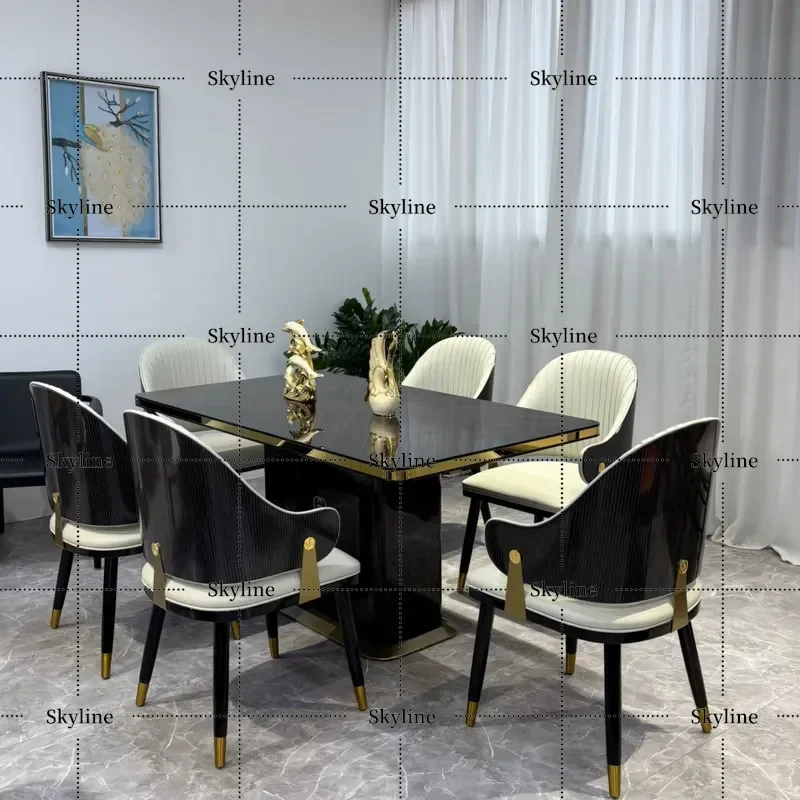 Italian Light Luxury Microfiber Leather Dining Chair, High-End Villa Furniture with Baking Paint Back