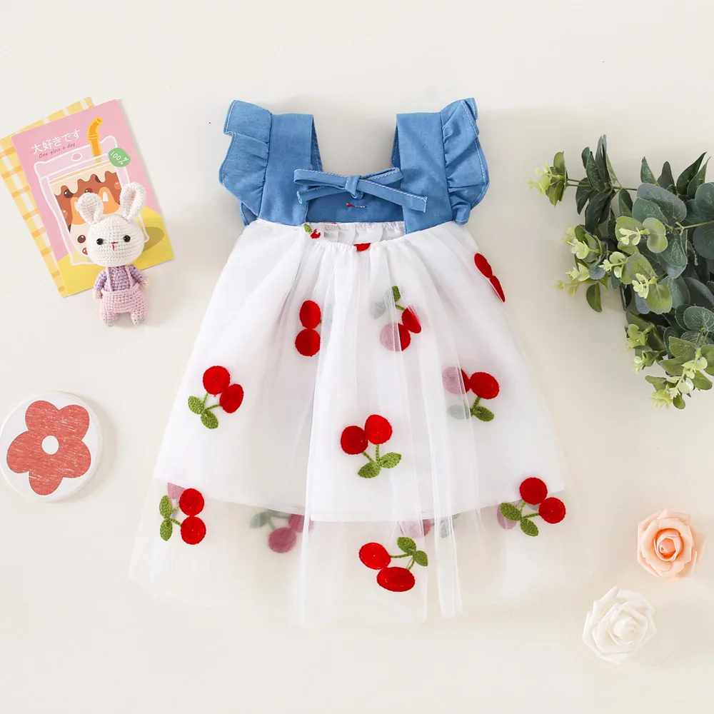 Cute Girl Dress Summer Children\'s Denim Strap Bow Cherry Embroidered Mesh Little Flying Sleeve Princess Dress