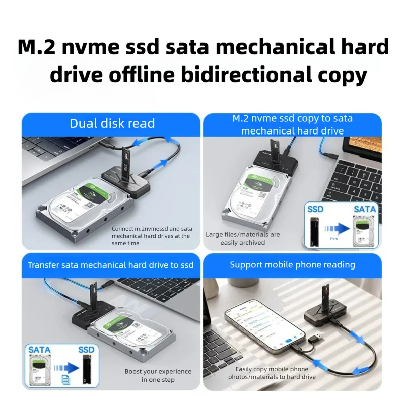 Acasis Dual Bay Docking Station 10Gbps Adapter M.2 NVMe SSD Case&2.5''/3.5''SATA HDD Enclosure with Offline Clone For pc laptop