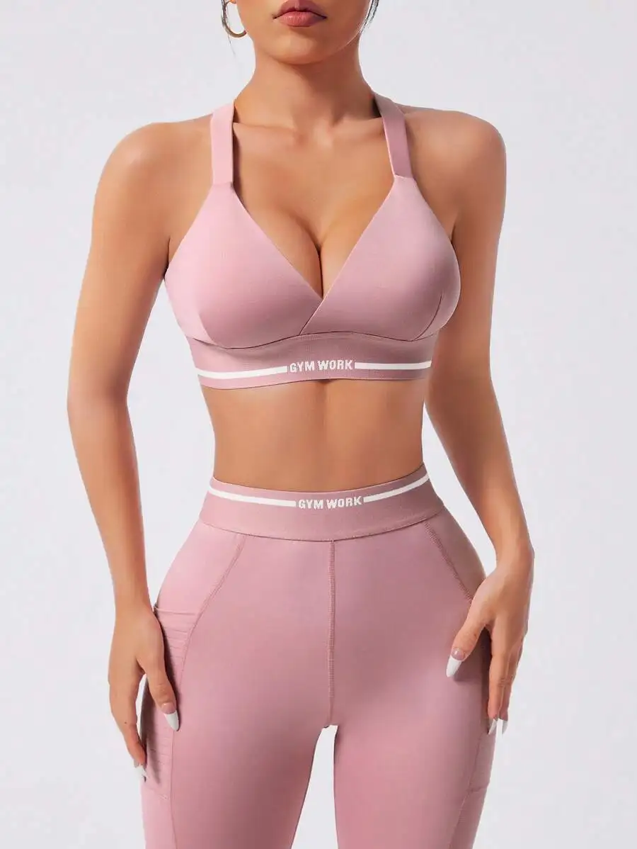 

Womens Pink Sports Bra And High Waisted Leggings Set Gym Workout Outfit