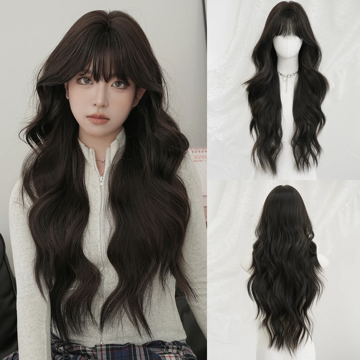 7JHH WIGS Long Body Wave Dark Brown Wig for Women Synthetic Layered Modest Fashion Wear and Go Chocolate Wigs with Neat Bangs