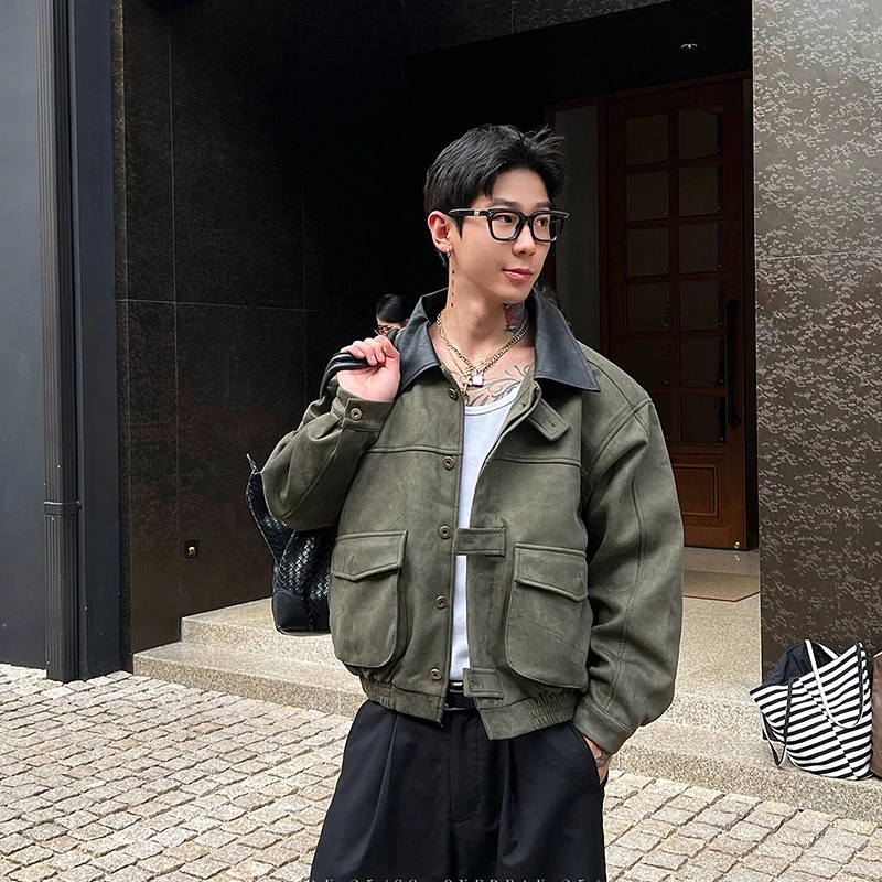 WTHT Fashion Men's Pockets Spliced Leather Contrast Color Coats Trendy 2026 Summer Turn Down Collar Loose Jackets Male 2A2821