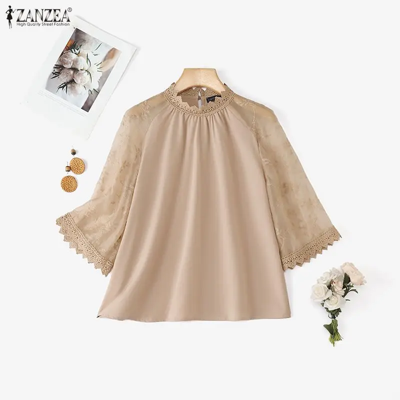ZANZEA Elegancka Bluzka Koronkowa Damska Jesienna Stójka Casualowa Tunika Modne Bluzki Patchworkowe Biurowe Damskie OL Blusas Femininas 2025
