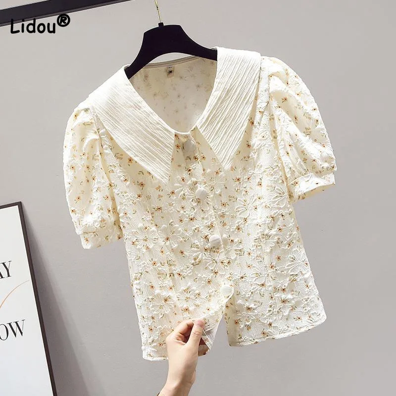 

Fashion Korean Short Sleeve Floral Blouse for Women 2023 Summer Elegant All-match Sweet Peter Pan Collar Shirt Female Clothing